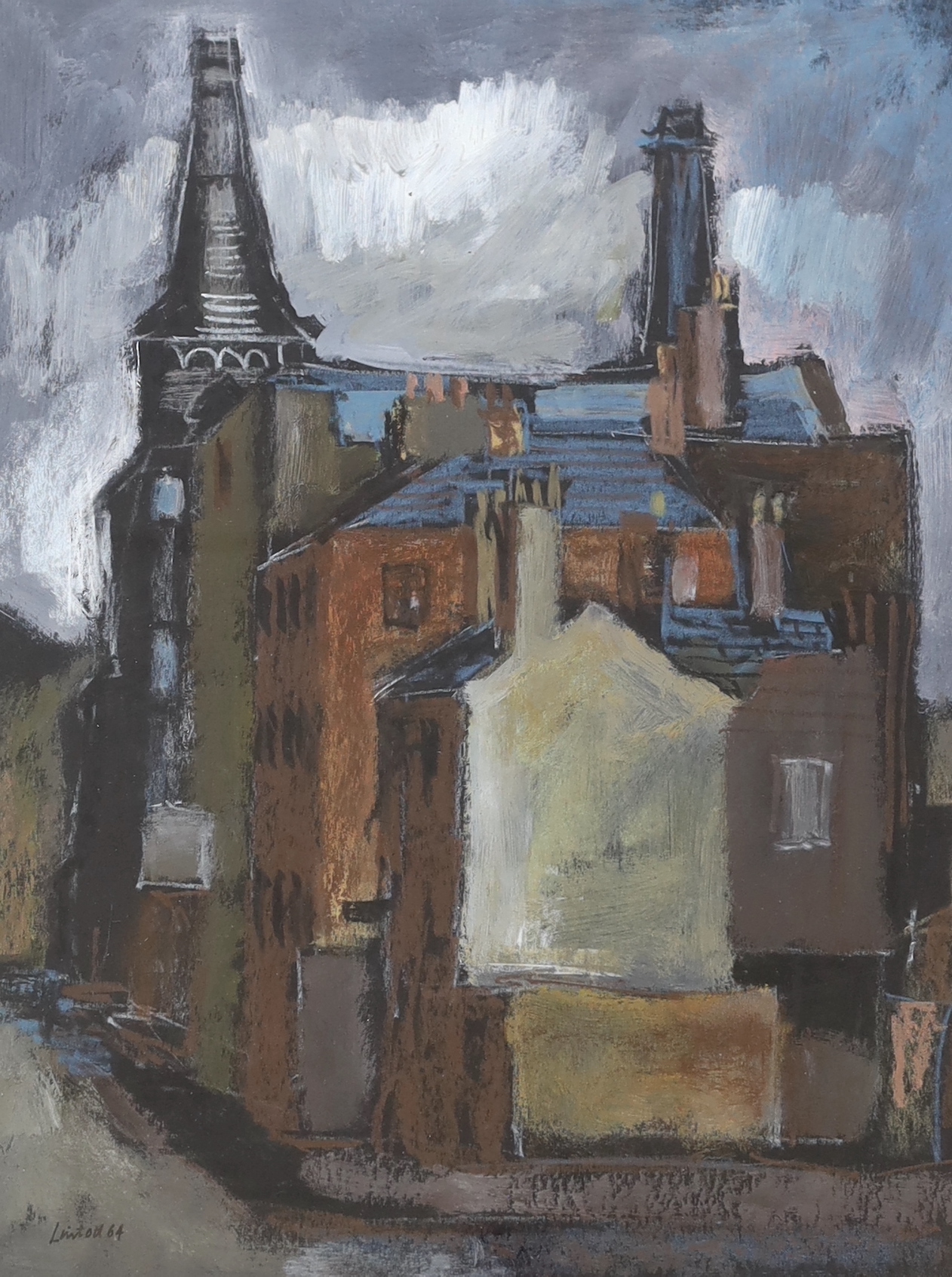 Geoffrey Lintott (20th century) mixed media, 'Industrial buildings, Manchester', signed and dated ‘64, 39 x 29cm